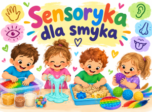 czworo dzieci bawiących sie plastyucznymi przyborami z napisem sensoryka dla smyka